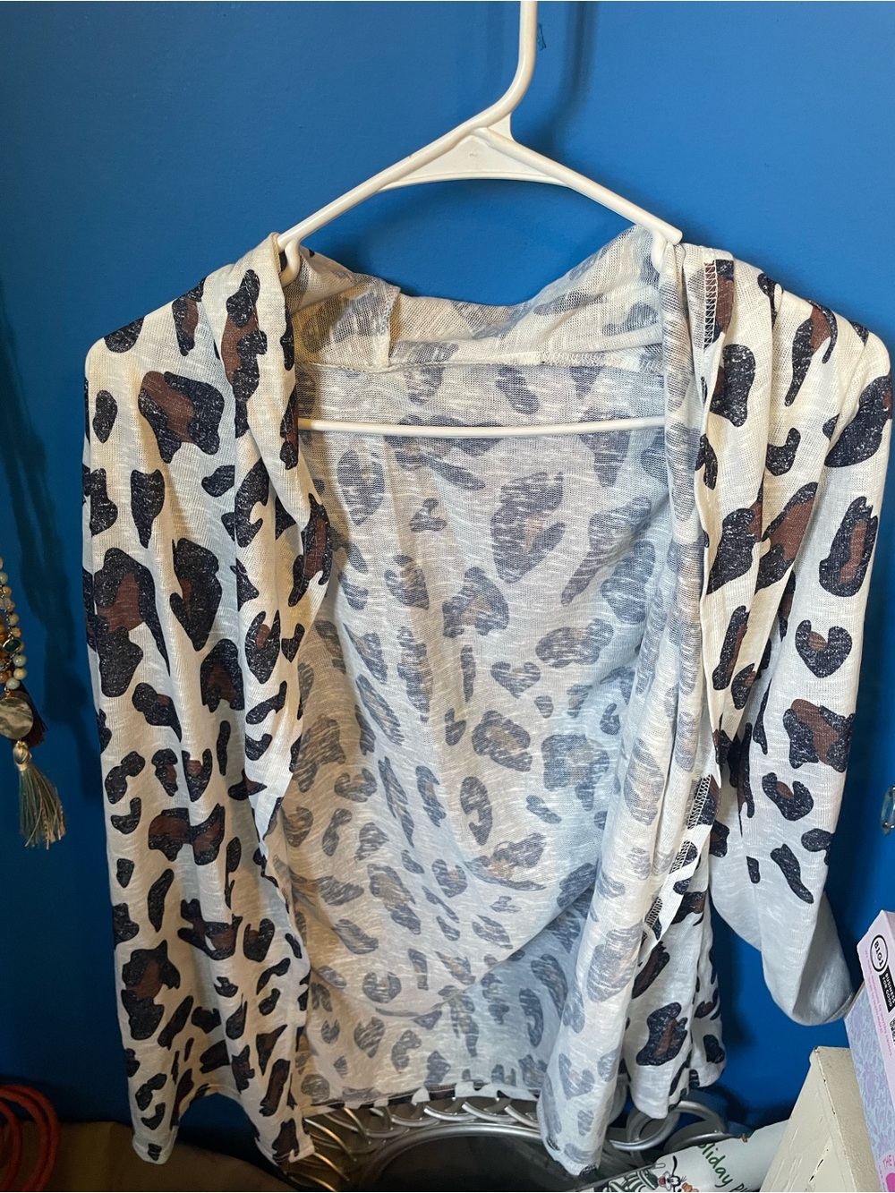 SHEIN White Open Front Leopard Print Cardigan with Black and Brown Spots
